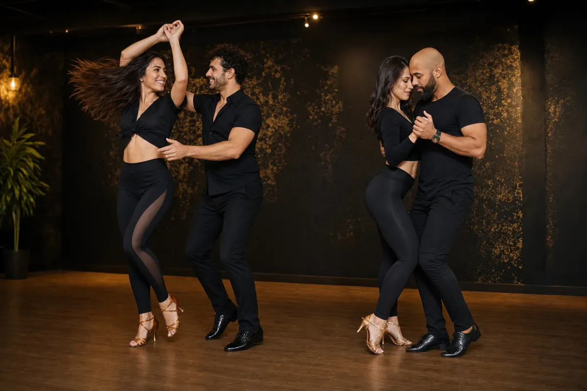 Ζευγάρια χορεύουν salsa και bachata σε στούντιο