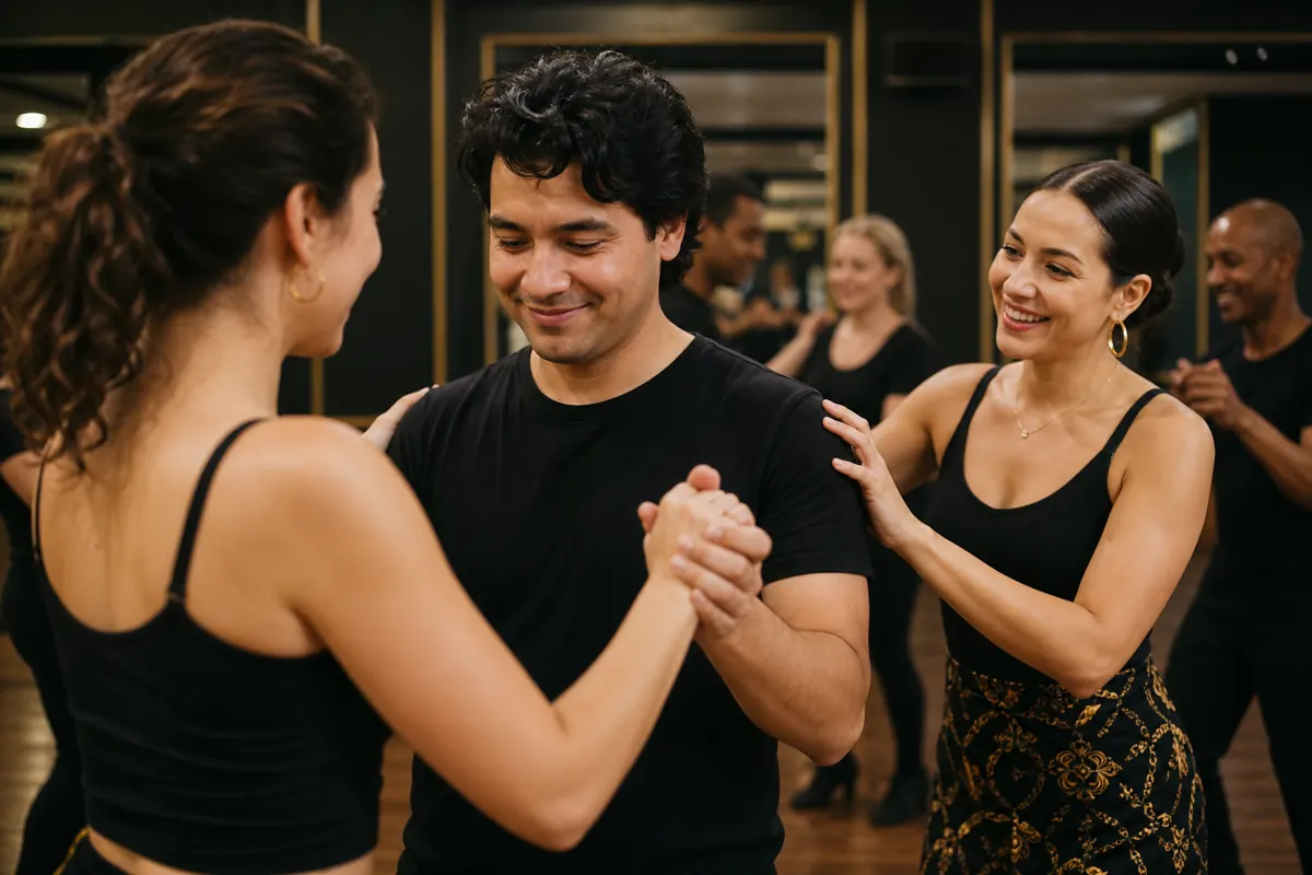 Ντροπαλός αρχάριος χαμογελά σε μάθημα salsa